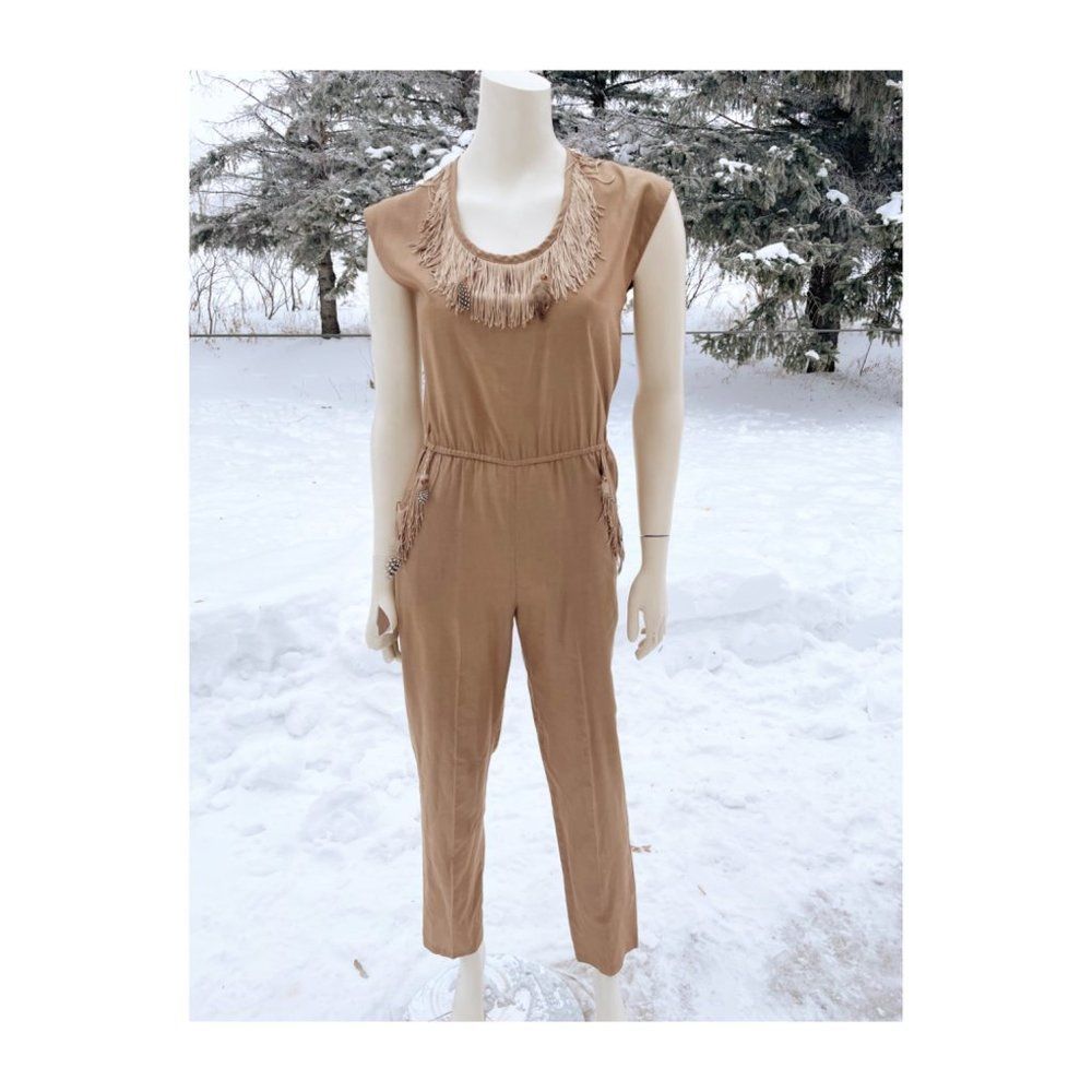 70s Patapouf Creations Jumpsuit Tan Cap Sleeve Fringe Feathers Sz 7